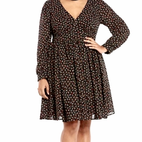torrid Dresses & Skirts - Torrid Georgette Black Floral Size 24 Dress Long Sleeve Deep V Fit Flare NEW